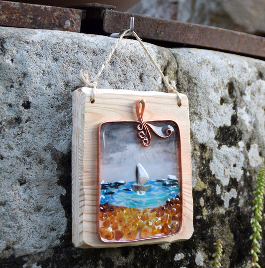 MJ Baltica, mosaic, natural Baltic amber, picture, lake, mountain, sea, boat, beach, resin, copper, artisanal, handmade BF060