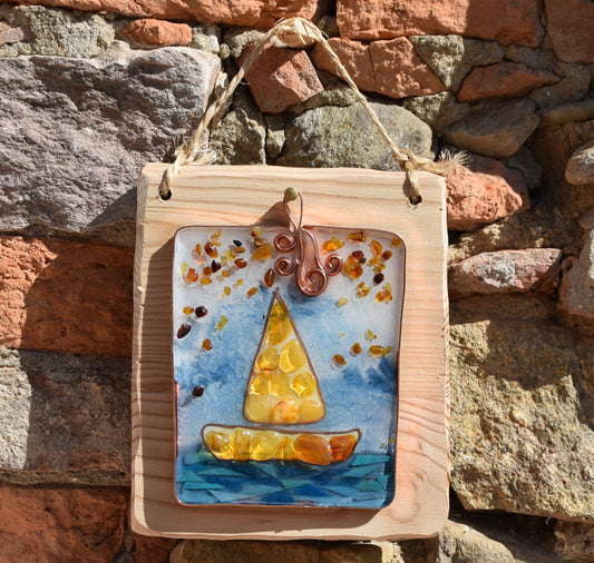 MJ Baltica, mosaic, natural Baltic amber, picture, lake, mountain, sea, boat, resin, copper, artisanal, handmade, three-dimensional BF061