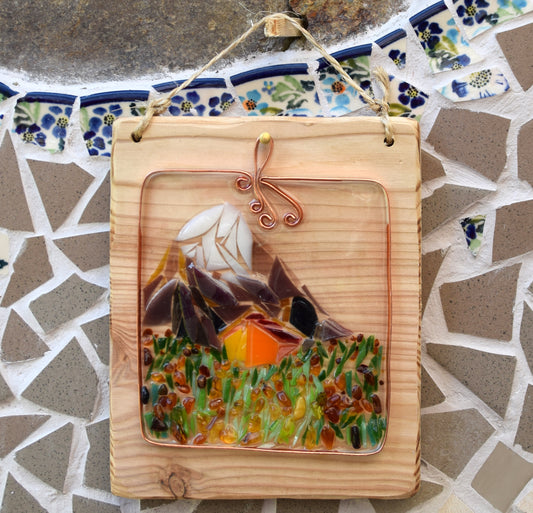 MJ Baltica, mosaic, natural Baltic amber, picture, mountain, flowering meadow, resin, copper, artisanal, handmade, BF066