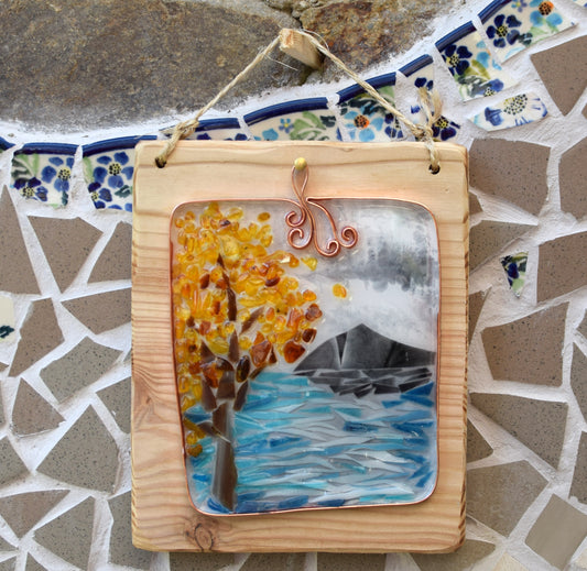 MJ Baltica, mosaico, Ambra naturale Baltica, quadretto, lago, montagna, artigianale, creato a mano, BF068