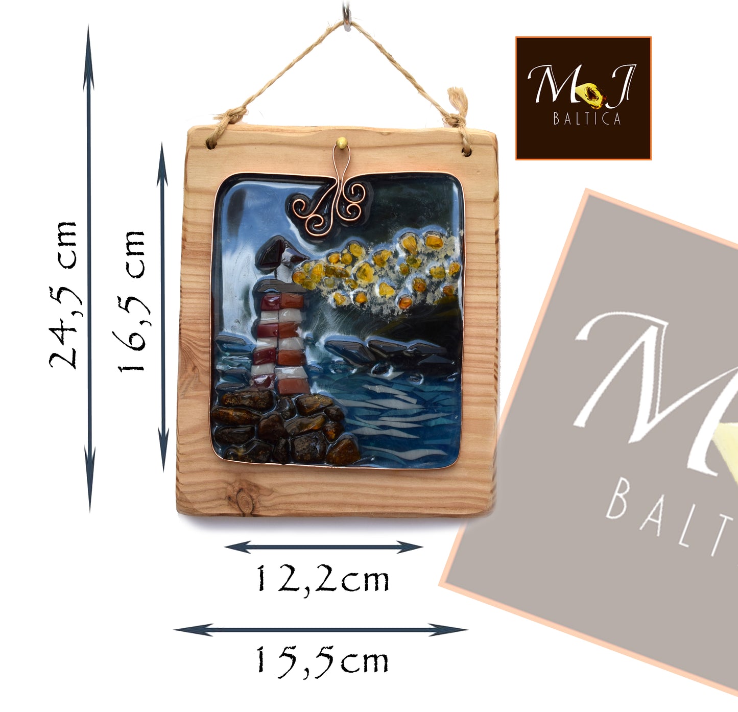 MJ Baltica, mosaic, natural Baltic amber, picture, lighthouse, sea, resin, copper, artisanal, handmade, BF070