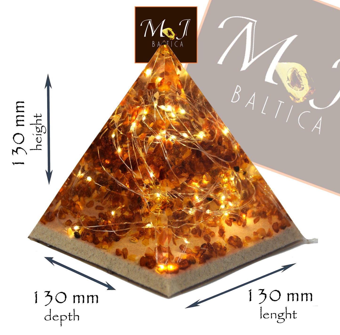 MJ Baltica, Lampe, natürlicher baltischer Bernstein, Harz, Pyramide, einzigartig, USB-Anschluss, groß, handgefertigt, handwerklich, BF089