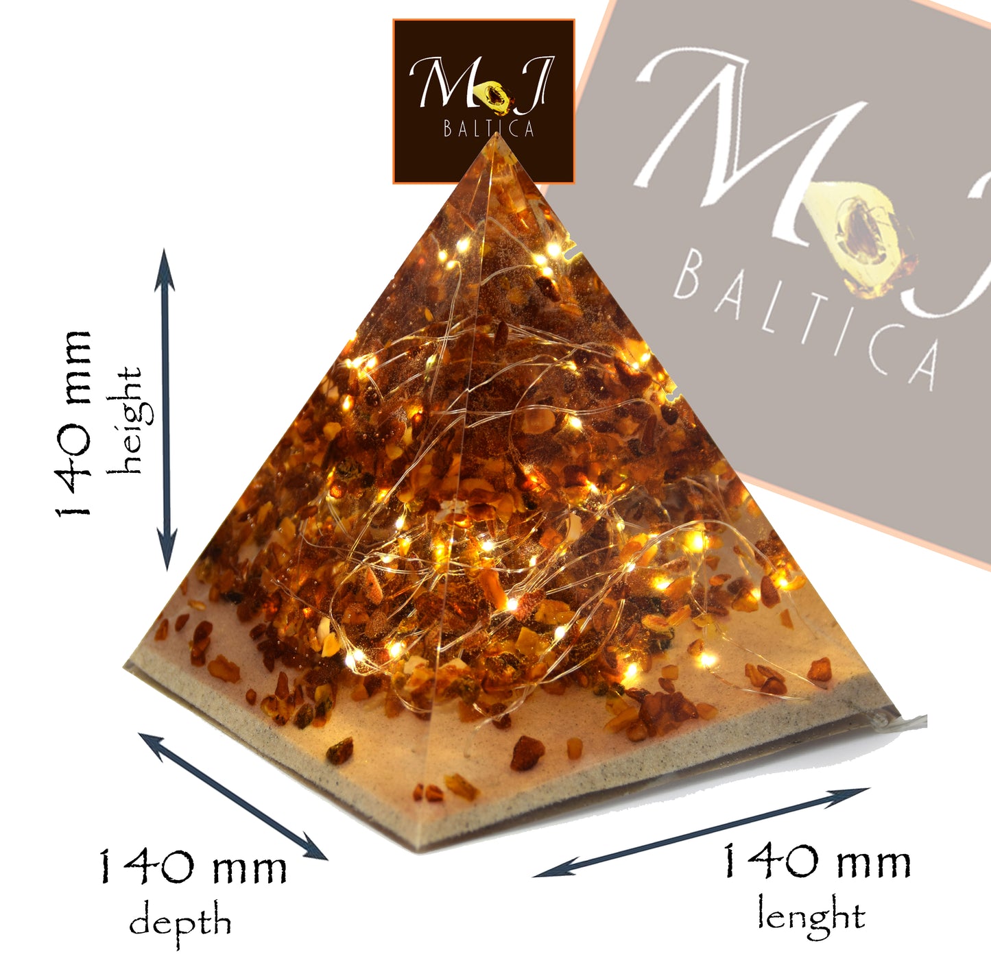 MJ Baltica, Lampe, natürlicher baltischer Bernstein, Harz, Pyramide, einzigartig, USB-Anschluss, groß, handgefertigt, handwerklich, BF091