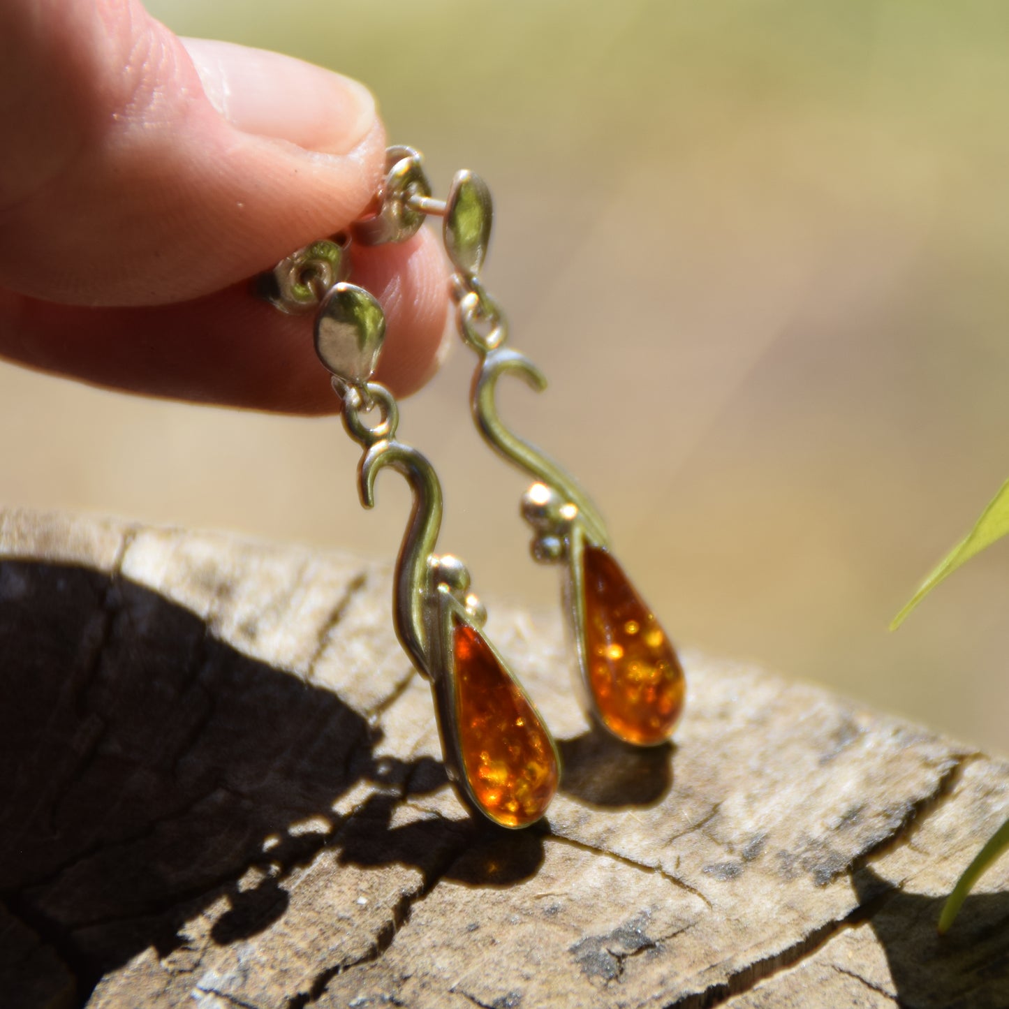 Dangle earrings with natural cognac Amber drop and 925 Sterling Silver, MJ Baltica, BK001