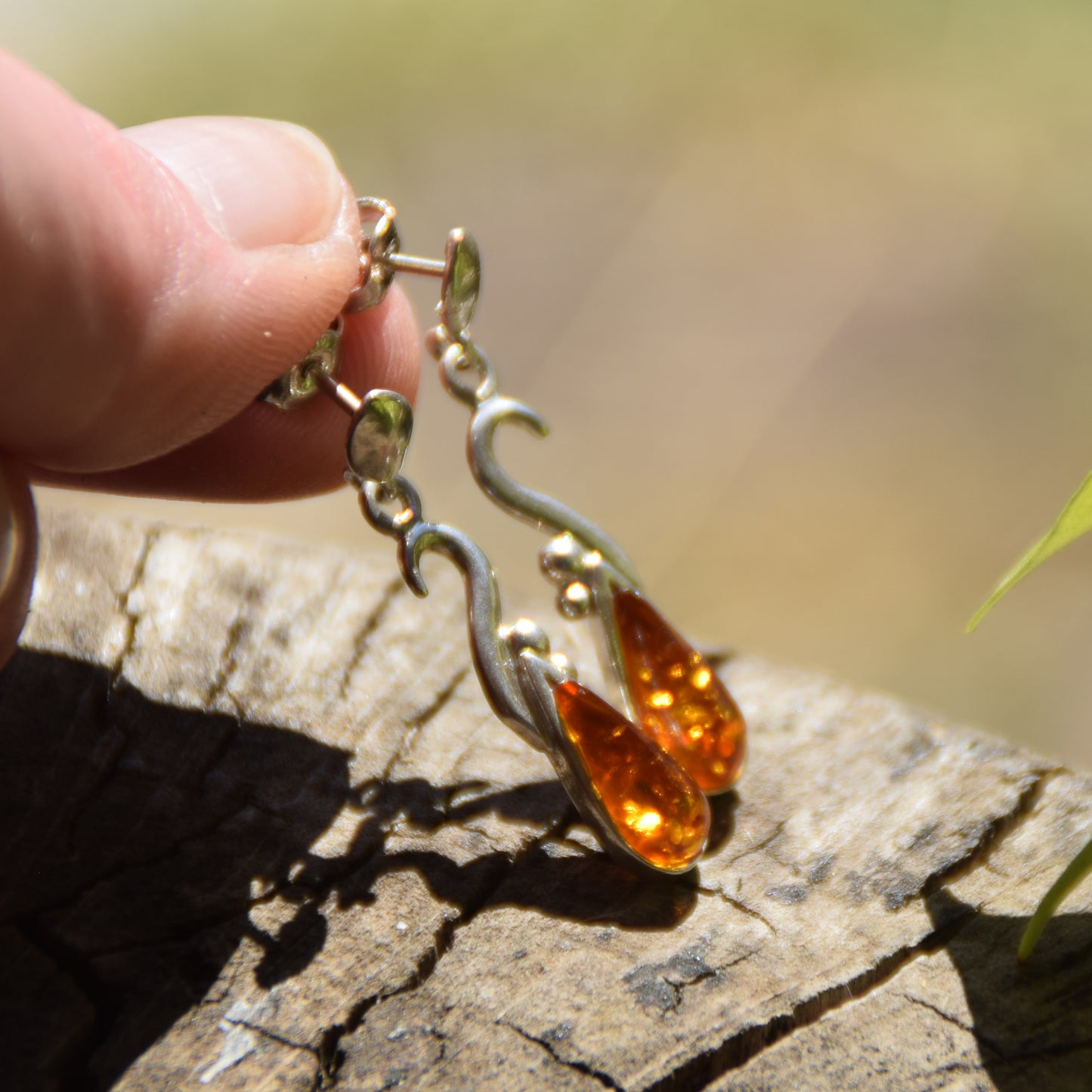 Dangle earrings with natural cognac Amber drop and 925 Sterling Silver, MJ Baltica, BK001