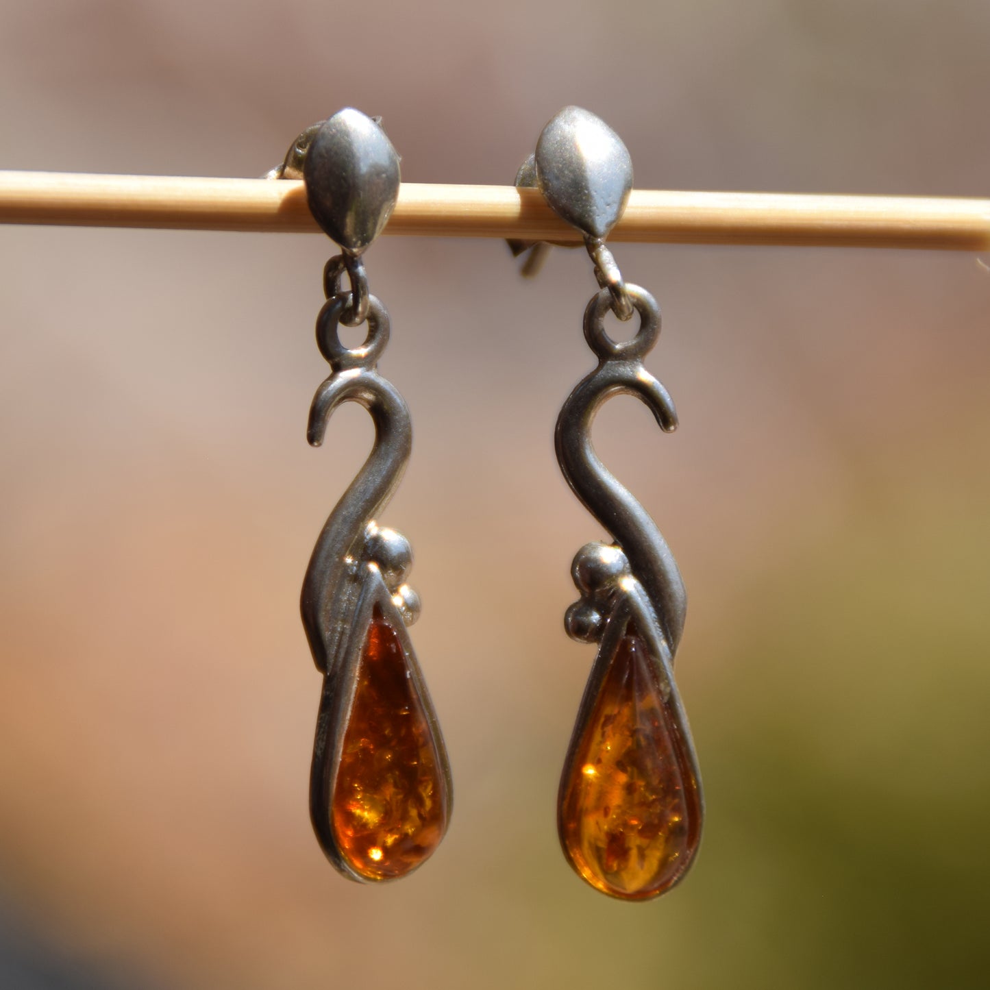 Dangle earrings with natural cognac Amber drop and 925 Sterling Silver, MJ Baltica, BK001