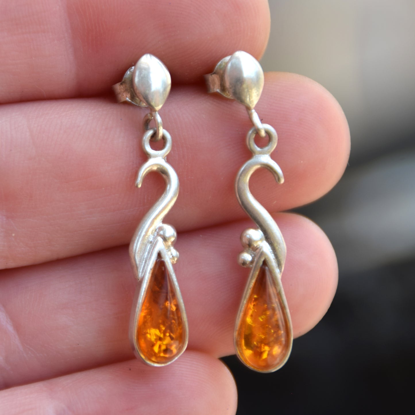 Dangle earrings with natural cognac Amber drop and 925 Sterling Silver, MJ Baltica, BK001