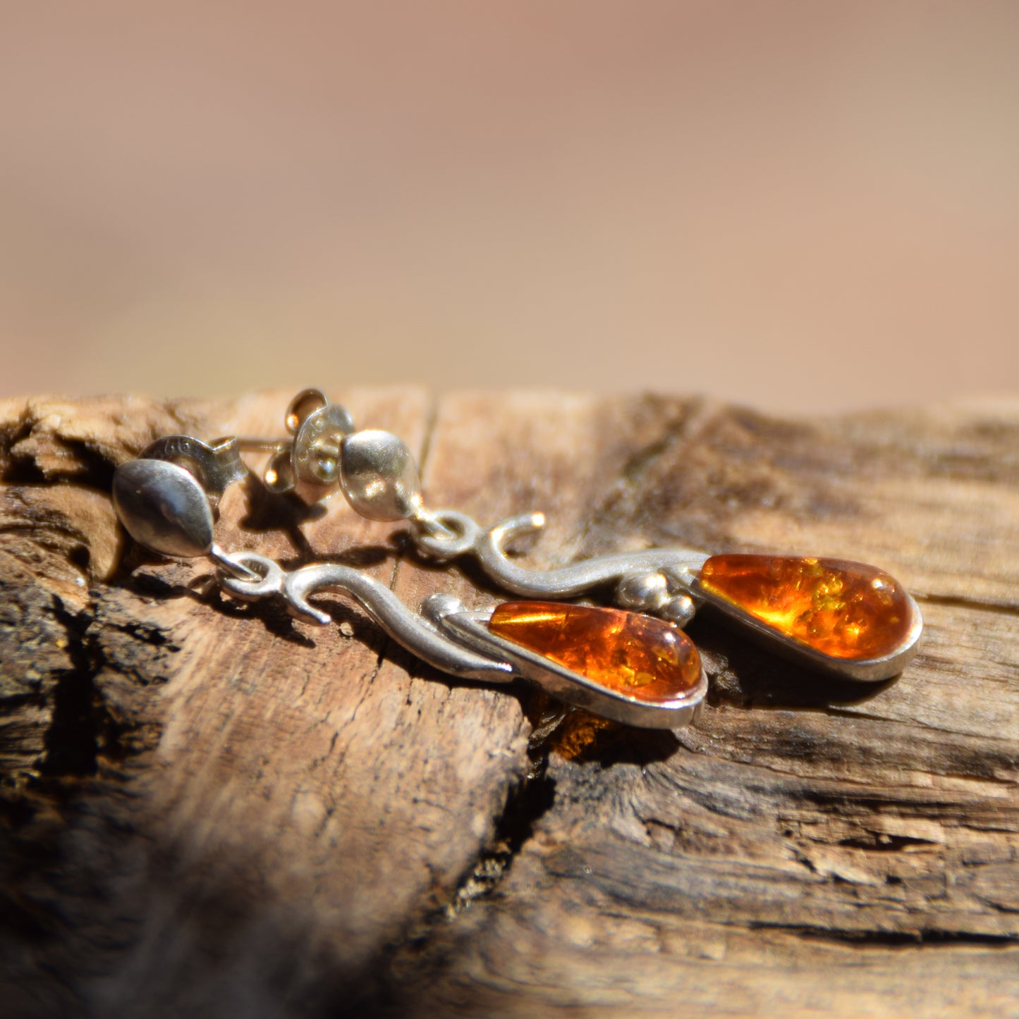 Dangle earrings with natural cognac Amber drop and 925 Sterling Silver, MJ Baltica, BK001