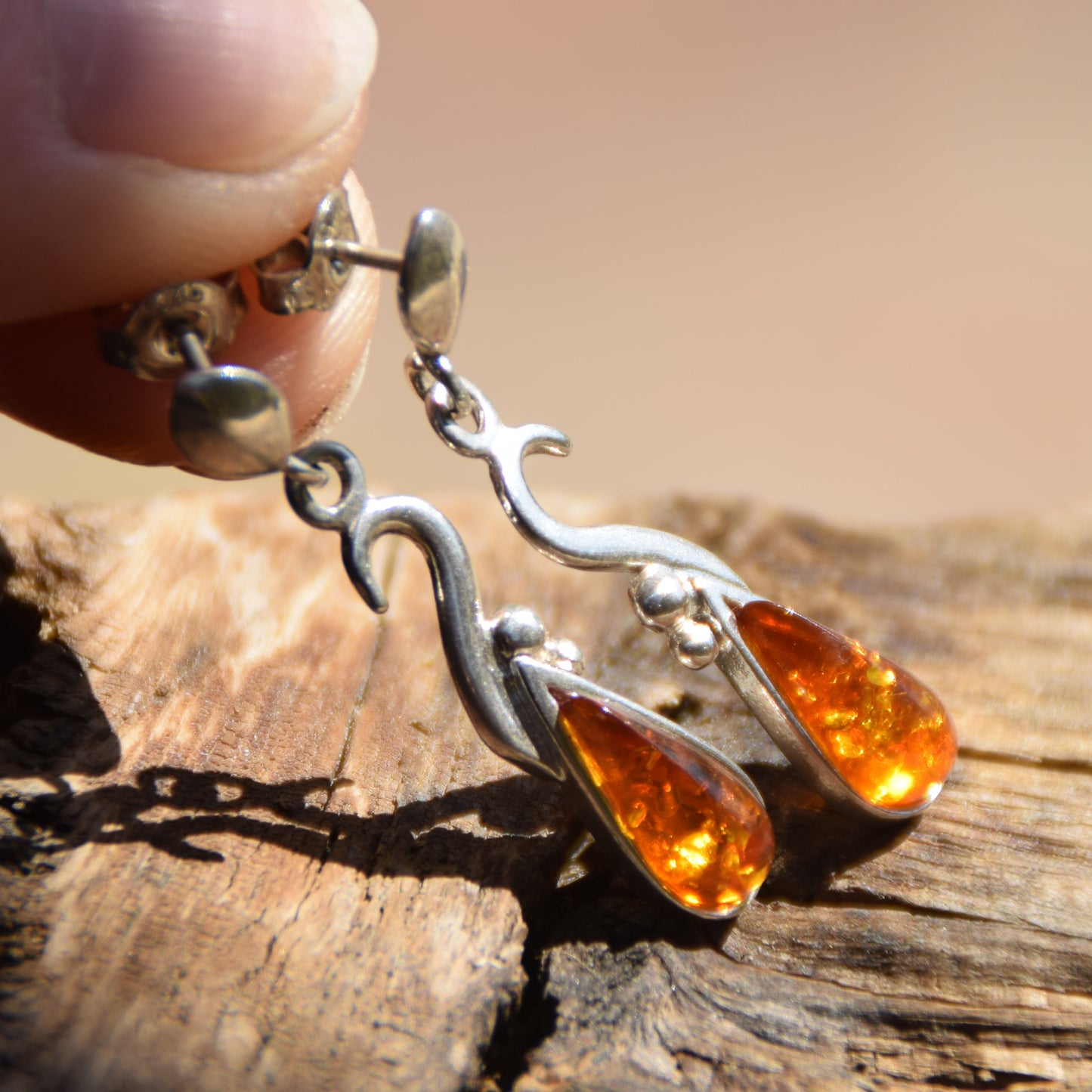 Dangle earrings with natural cognac Amber drop and 925 Sterling Silver, MJ Baltica, BK001