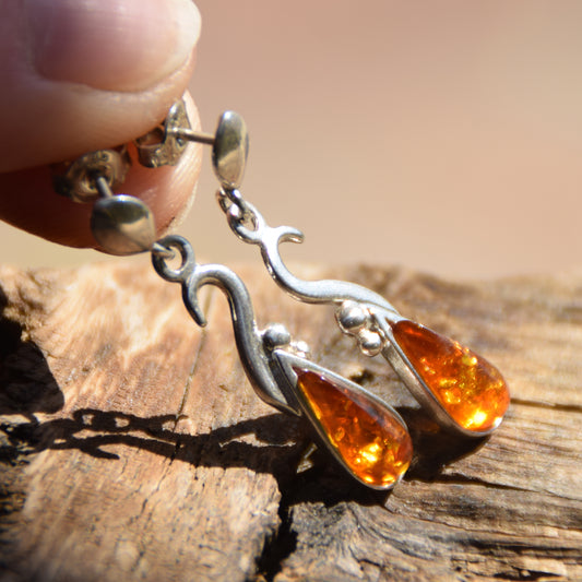 Dangle earrings with natural cognac Amber drop and 925 Sterling Silver, MJ Baltica, BK001