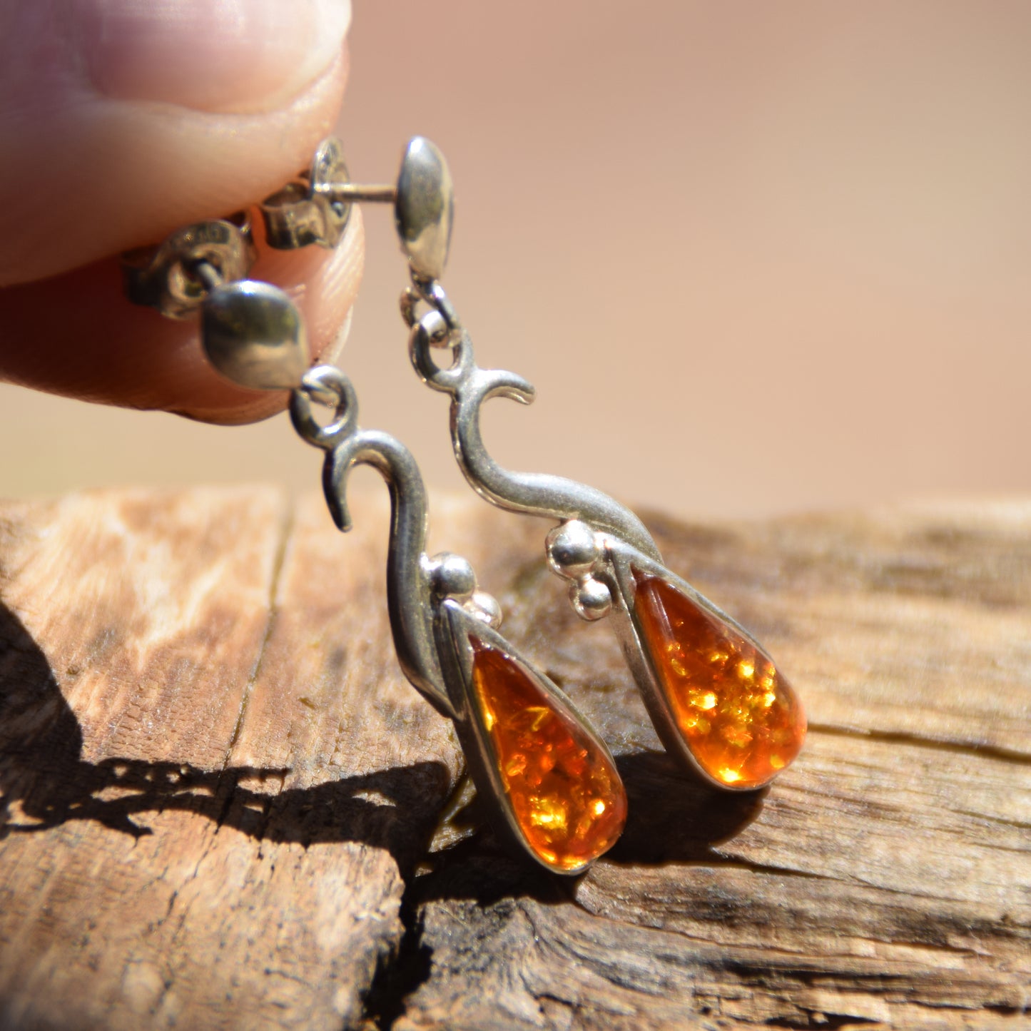 Dangle earrings with natural cognac Amber drop and 925 Sterling Silver, MJ Baltica, BK001