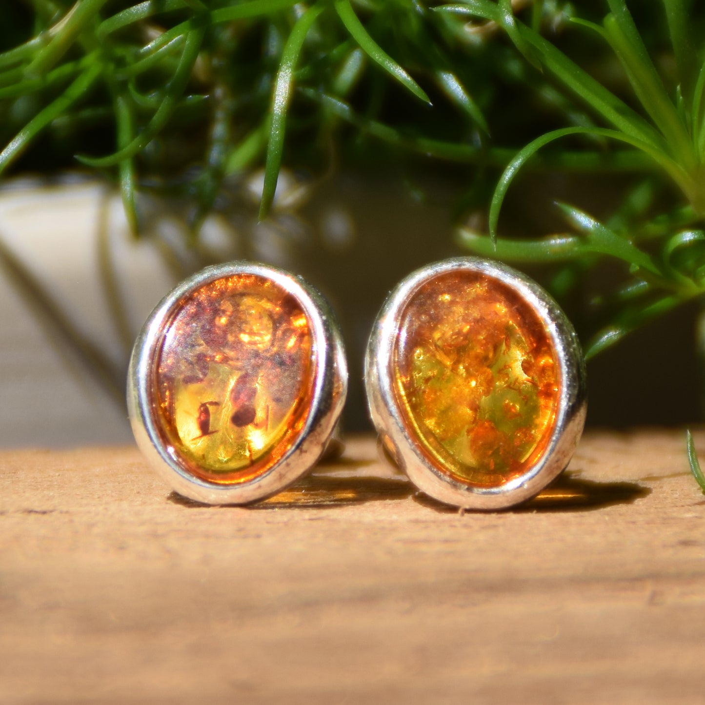 Oval stud earrings with natural Cognac Amber and set in Sterling Silver 925, MJ Baltica, BK003