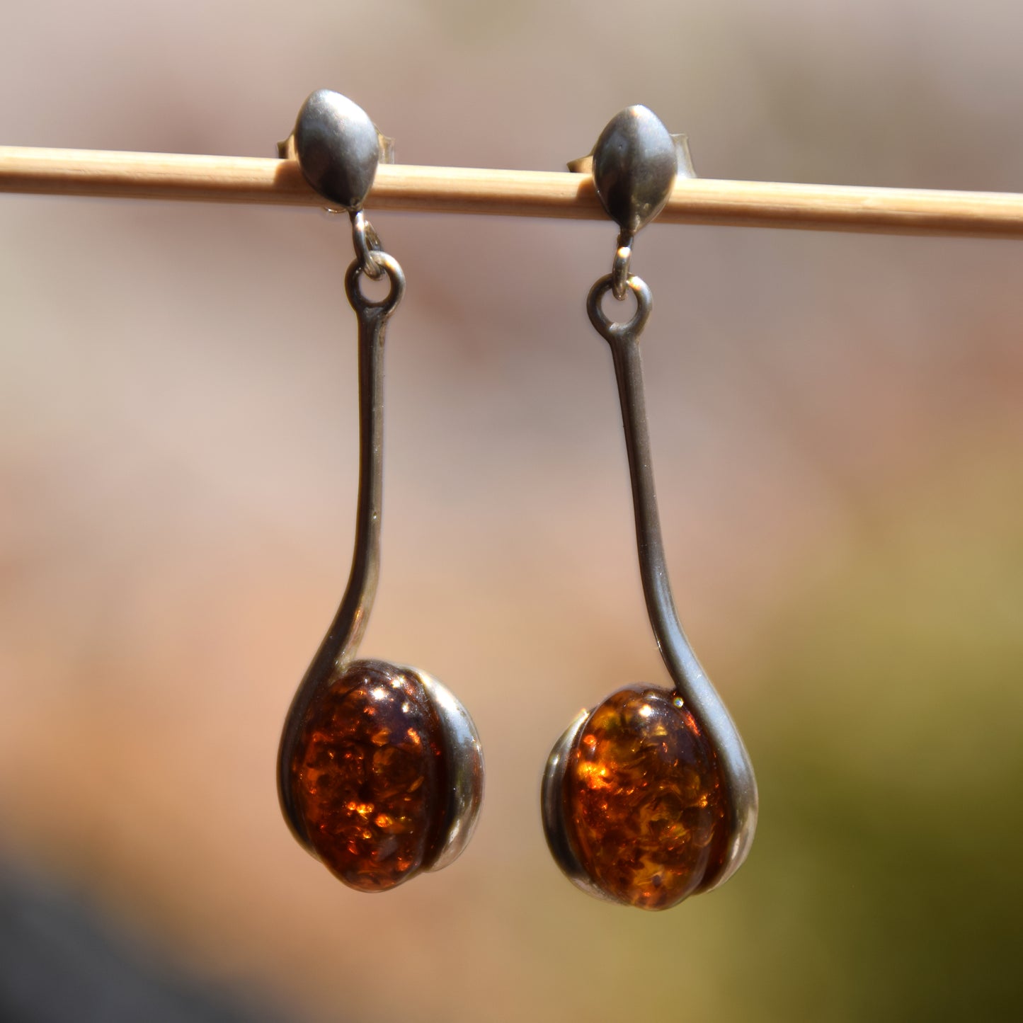 Minimalist Dangle Earrings with Natural Cognac Amber and Sterling Silver 925, MJ Baltica, BK005