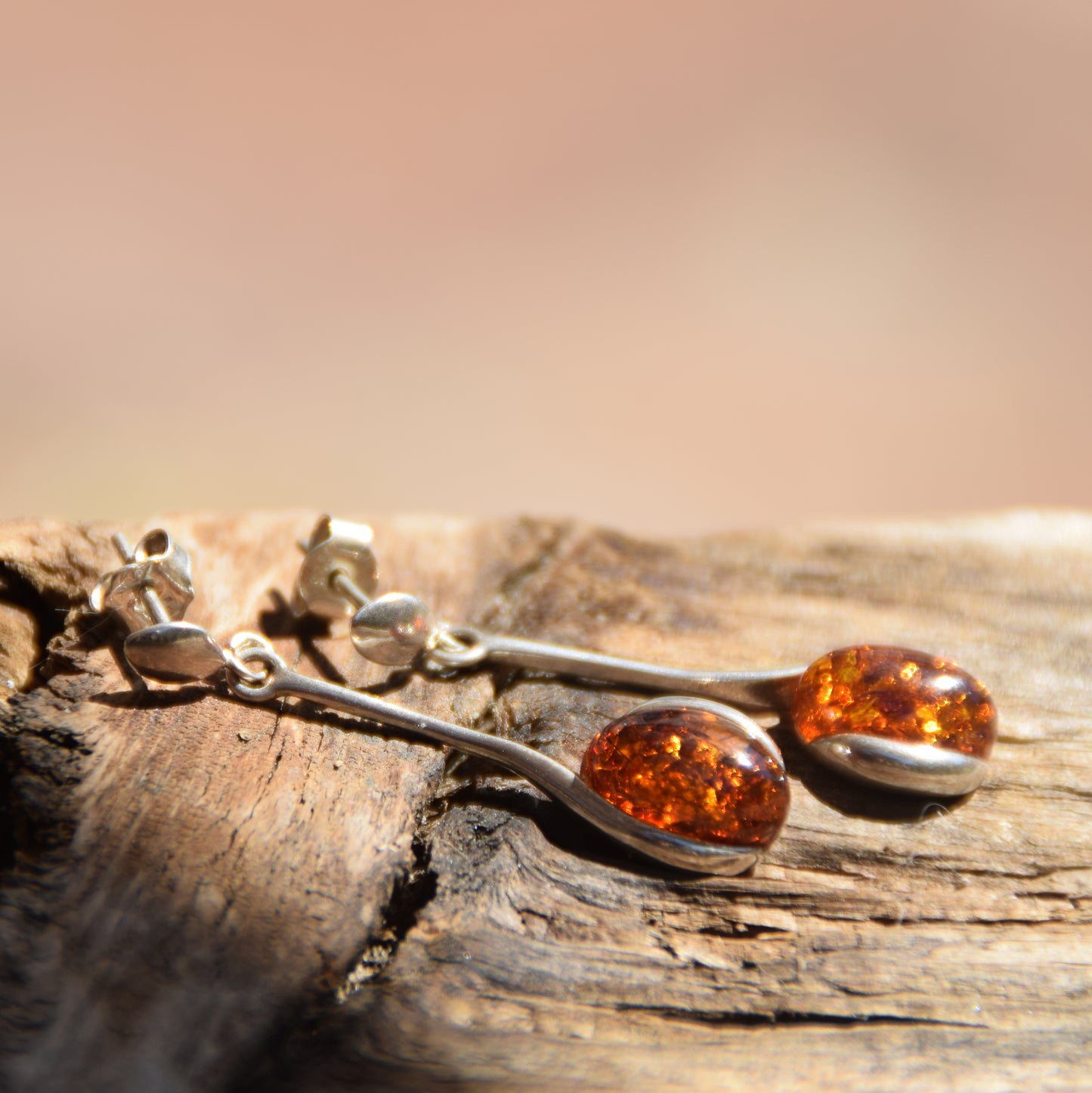 Minimalist Dangle Earrings with Natural Cognac Amber and Sterling Silver 925, MJ Baltica, BK005