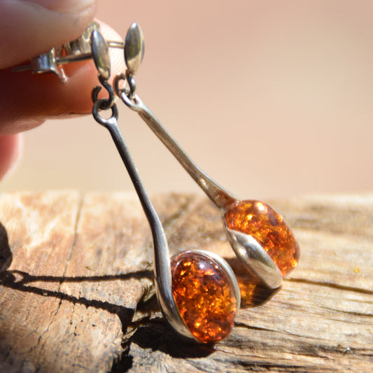 Minimalist Dangle Earrings with Natural Cognac Amber and Sterling Silver 925, MJ Baltica, BK005