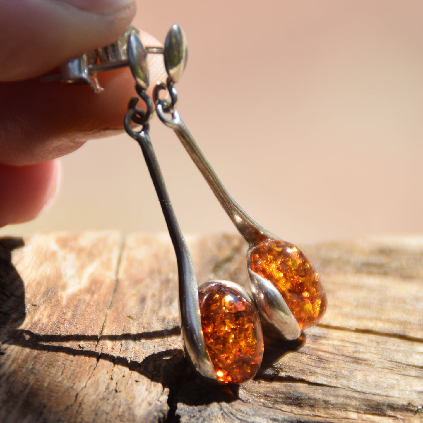 Minimalist Dangle Earrings with Natural Cognac Amber and Sterling Silver 925, MJ Baltica, BK005