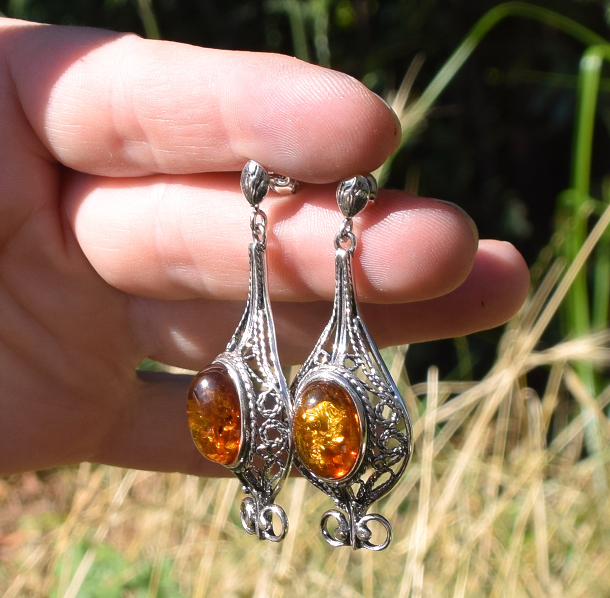 MJ Baltica, earrings, natural Baltic amber, 925 silver, filigree, large, unique, elegant, BK008