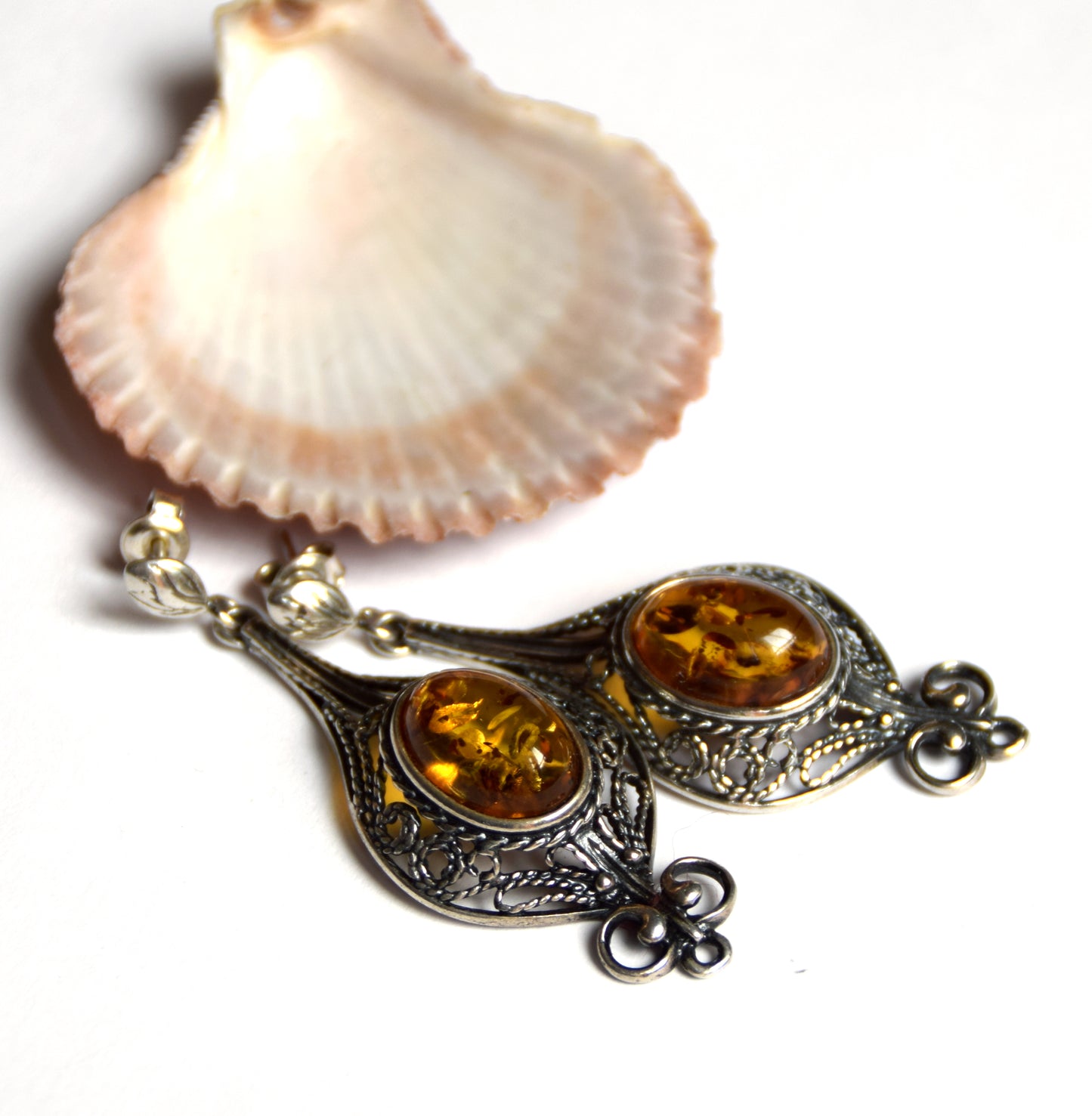 MJ Baltica, earrings, natural Baltic amber, 925 silver, filigree, large, unique, elegant, BK008