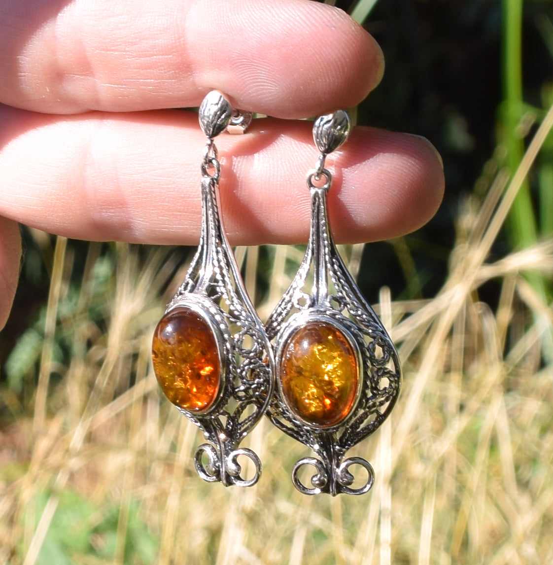 MJ Baltica, earrings, natural Baltic amber, 925 silver, filigree, large, unique, elegant, BK008