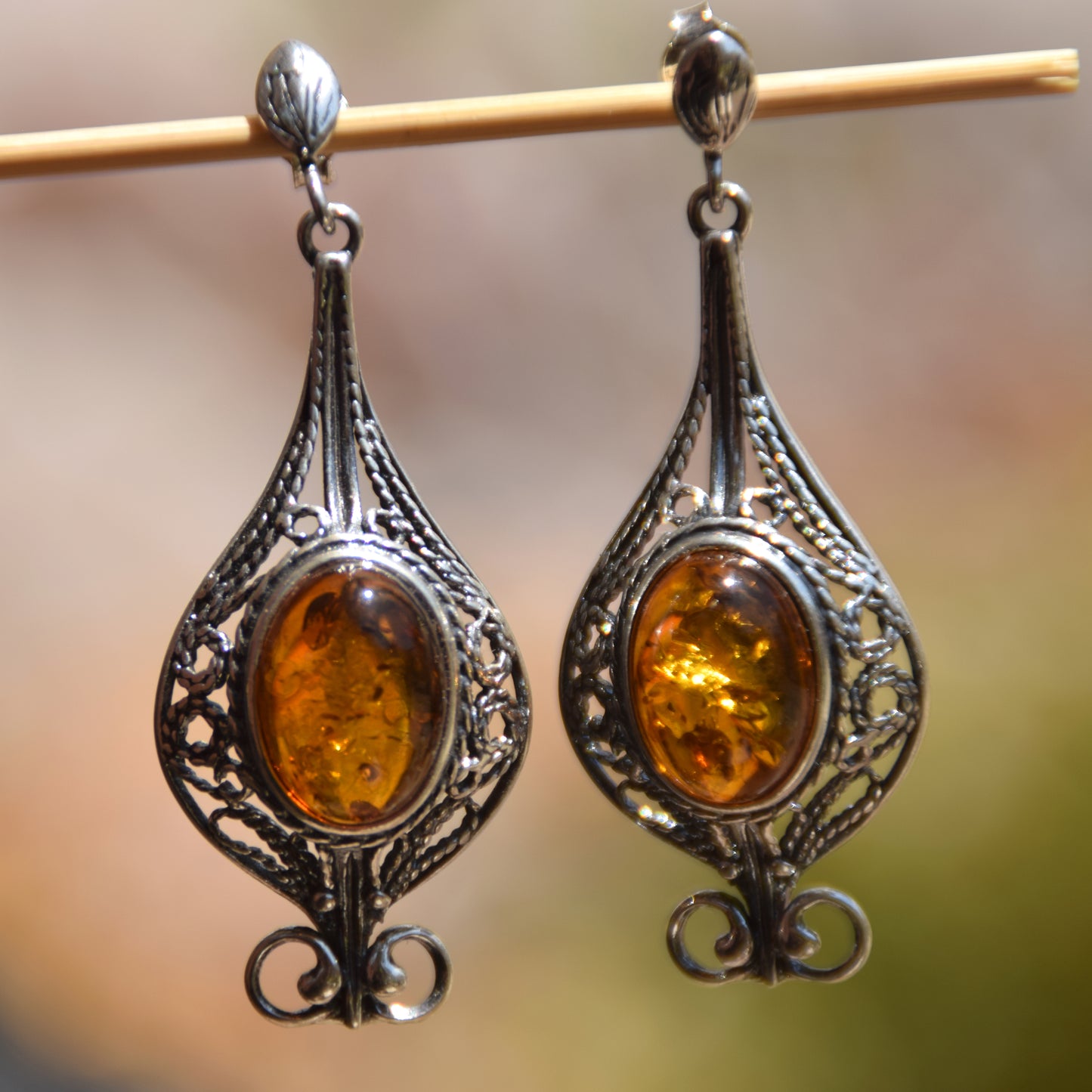 Large filigree dangle earrings with natural cognac Amber sphere and Sterling Silver 925, MJ Baltica, BK008