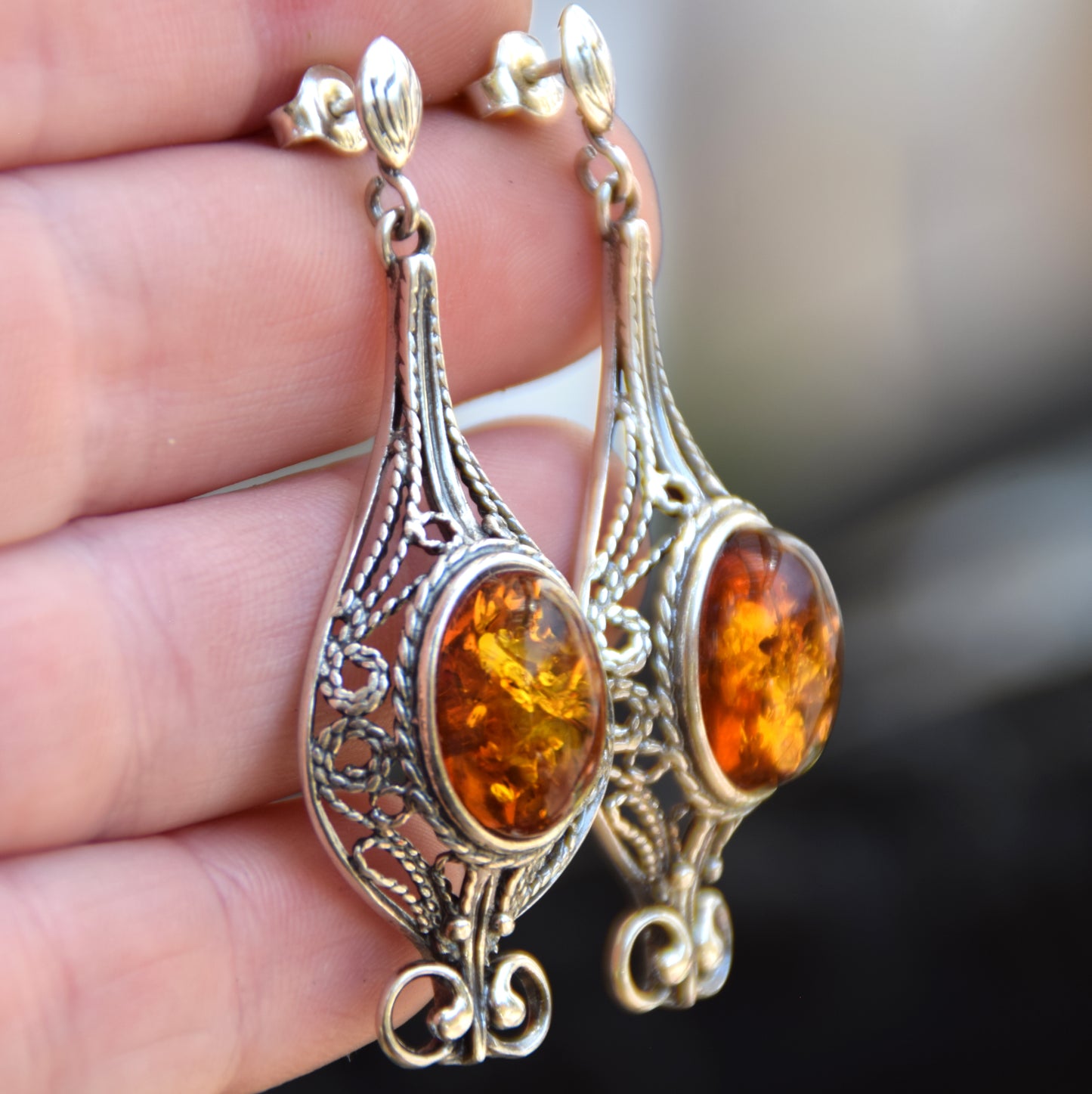 Large filigree dangle earrings with natural cognac Amber sphere and Sterling Silver 925, MJ Baltica, BK008