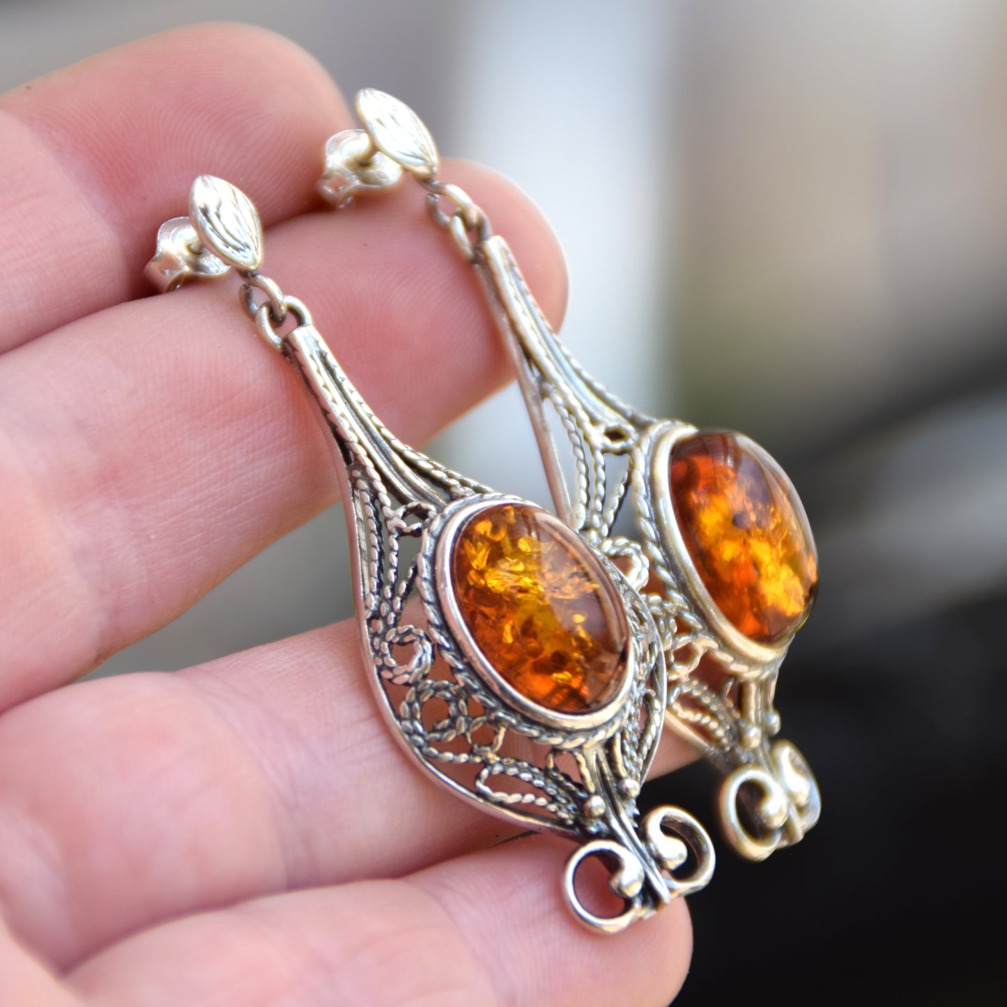 Large filigree dangle earrings with natural cognac Amber sphere and Sterling Silver 925, MJ Baltica, BK008