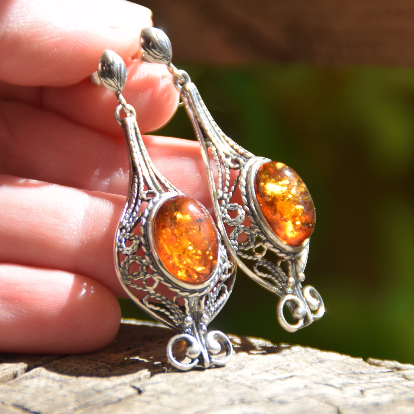 Large filigree dangle earrings with natural cognac Amber sphere and Sterling Silver 925, MJ Baltica, BK008