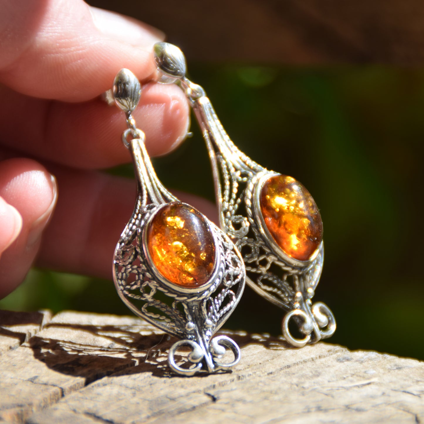 Large filigree dangle earrings with natural cognac Amber sphere and Sterling Silver 925, MJ Baltica, BK008