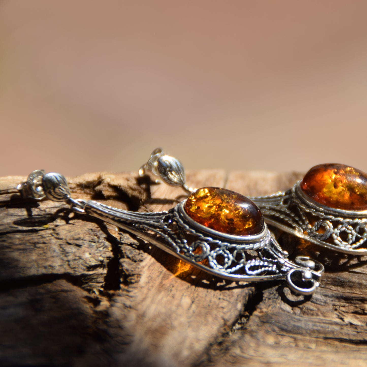 Large filigree dangle earrings with natural cognac Amber sphere and Sterling Silver 925, MJ Baltica, BK008