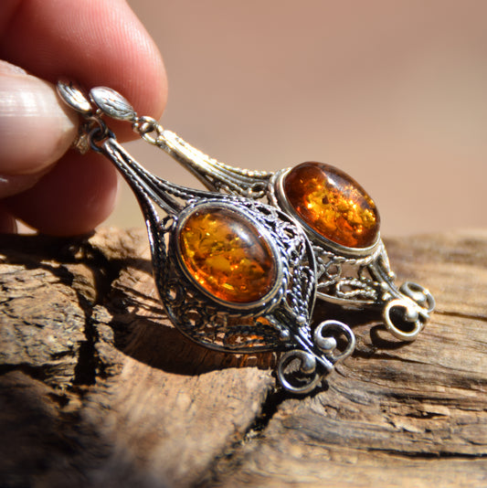Large filigree dangle earrings with natural cognac Amber sphere and Sterling Silver 925, MJ Baltica, BK008