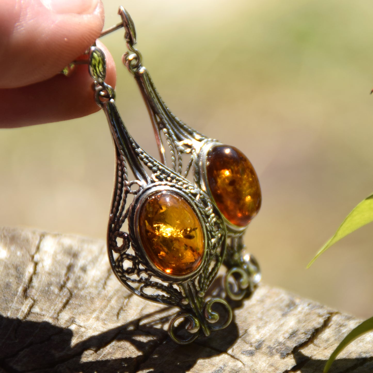 Large filigree dangle earrings with natural cognac Amber sphere and Sterling Silver 925, MJ Baltica, BK008