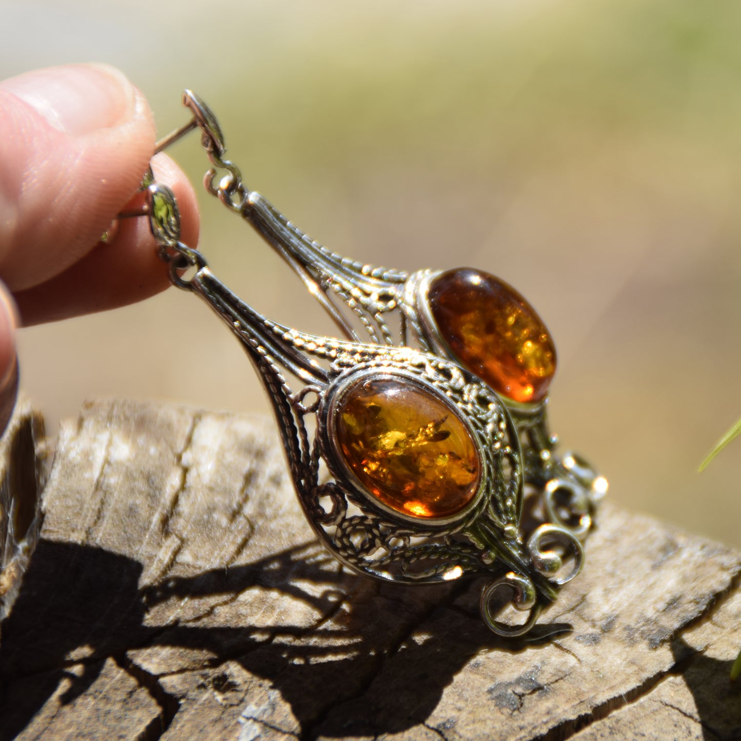Large filigree dangle earrings with natural cognac Amber sphere and Sterling Silver 925, MJ Baltica, BK008