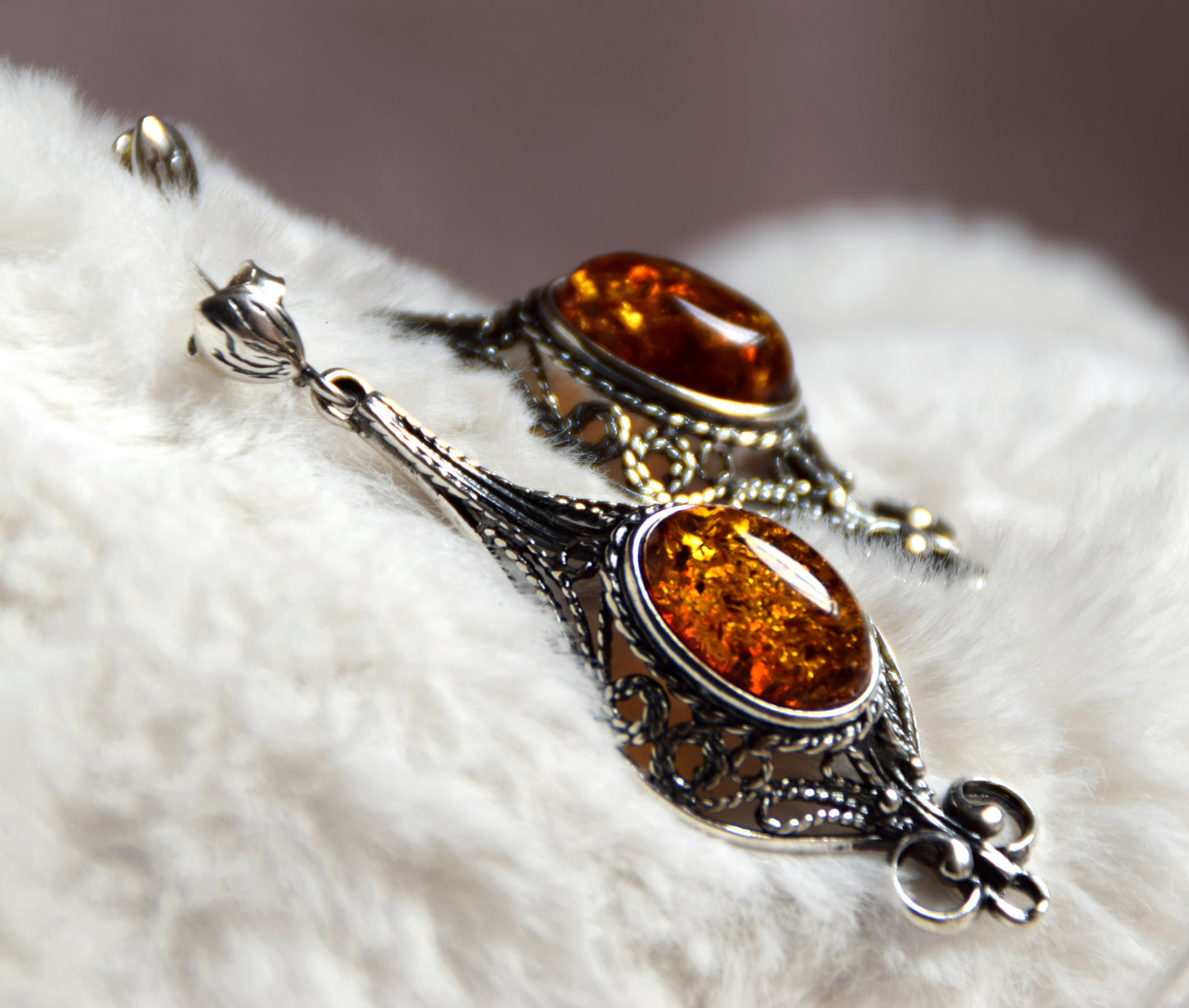 MJ Baltica, earrings, natural Baltic amber, 925 silver, filigree, large, unique, elegant, BK008