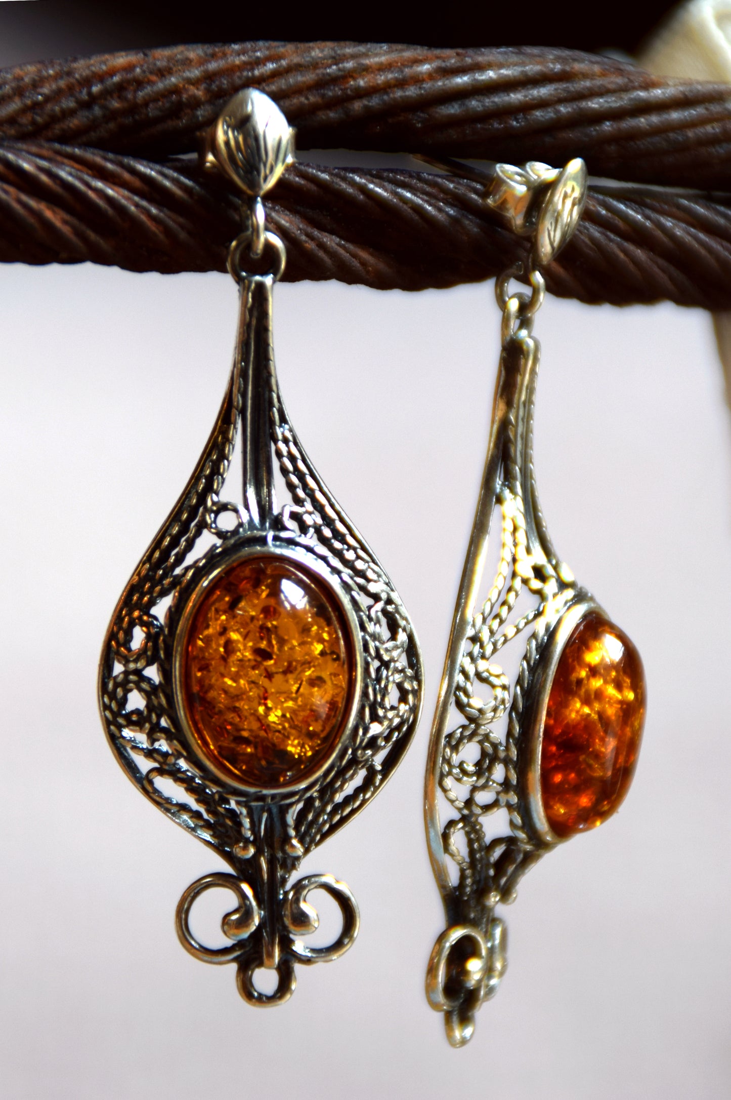 MJ Baltica, earrings, natural Baltic amber, 925 silver, filigree, large, unique, elegant, BK008