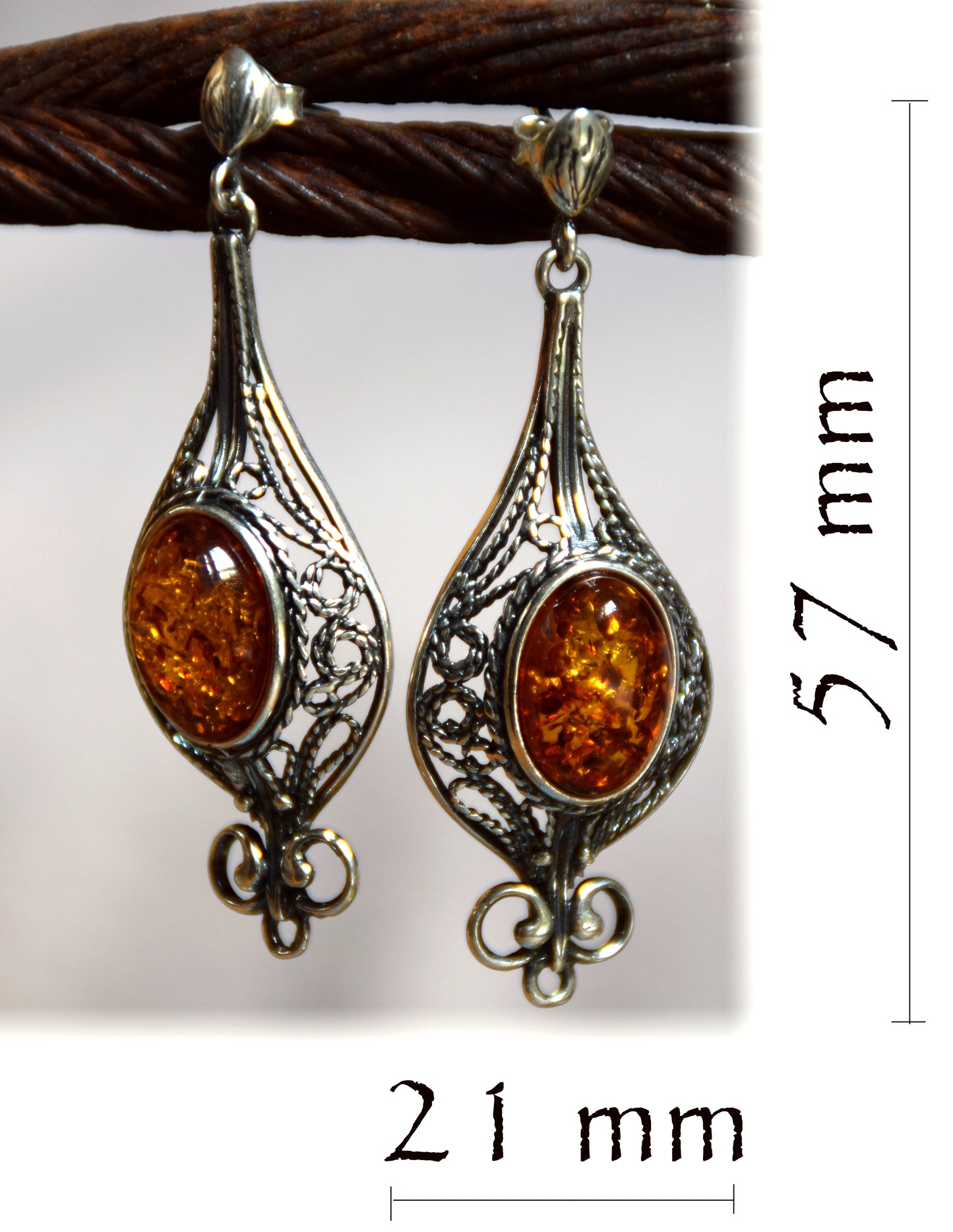 MJ Baltica, earrings, natural Baltic amber, 925 silver, filigree, large, unique, elegant, BK008