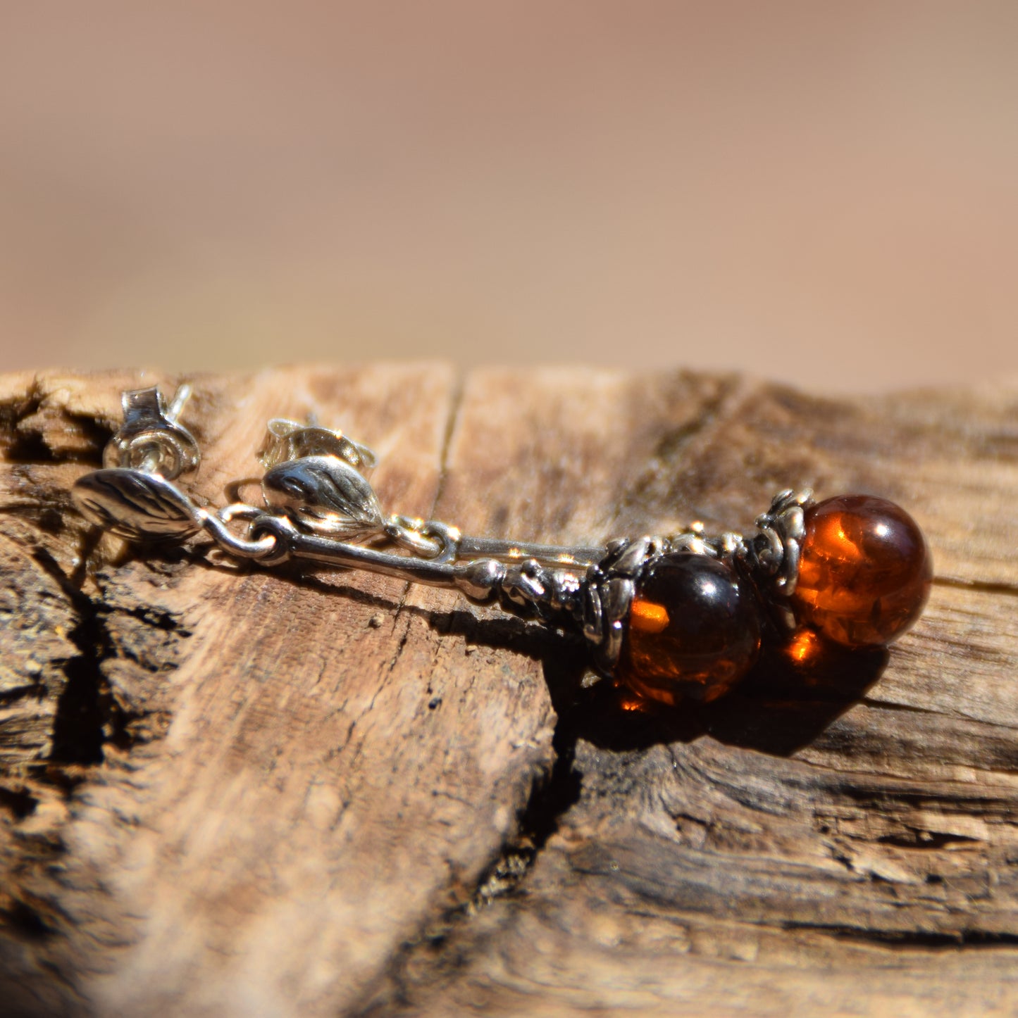 Vintage dangle earrings with natural cognac Amber sphere and 925 Sterling Silver, MJ Baltica, BK009