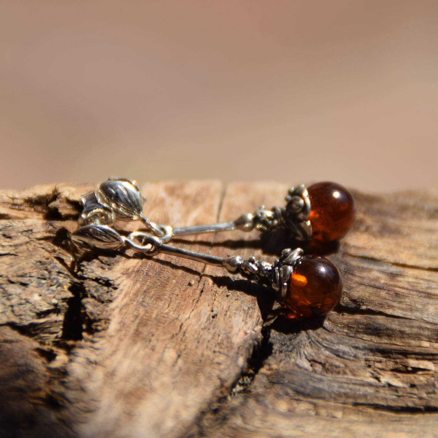 Vintage dangle earrings with natural cognac Amber sphere and 925 Sterling Silver, MJ Baltica, BK009