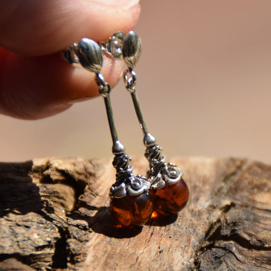 Vintage dangle earrings with natural cognac Amber sphere and 925 Sterling Silver, MJ Baltica, BK009