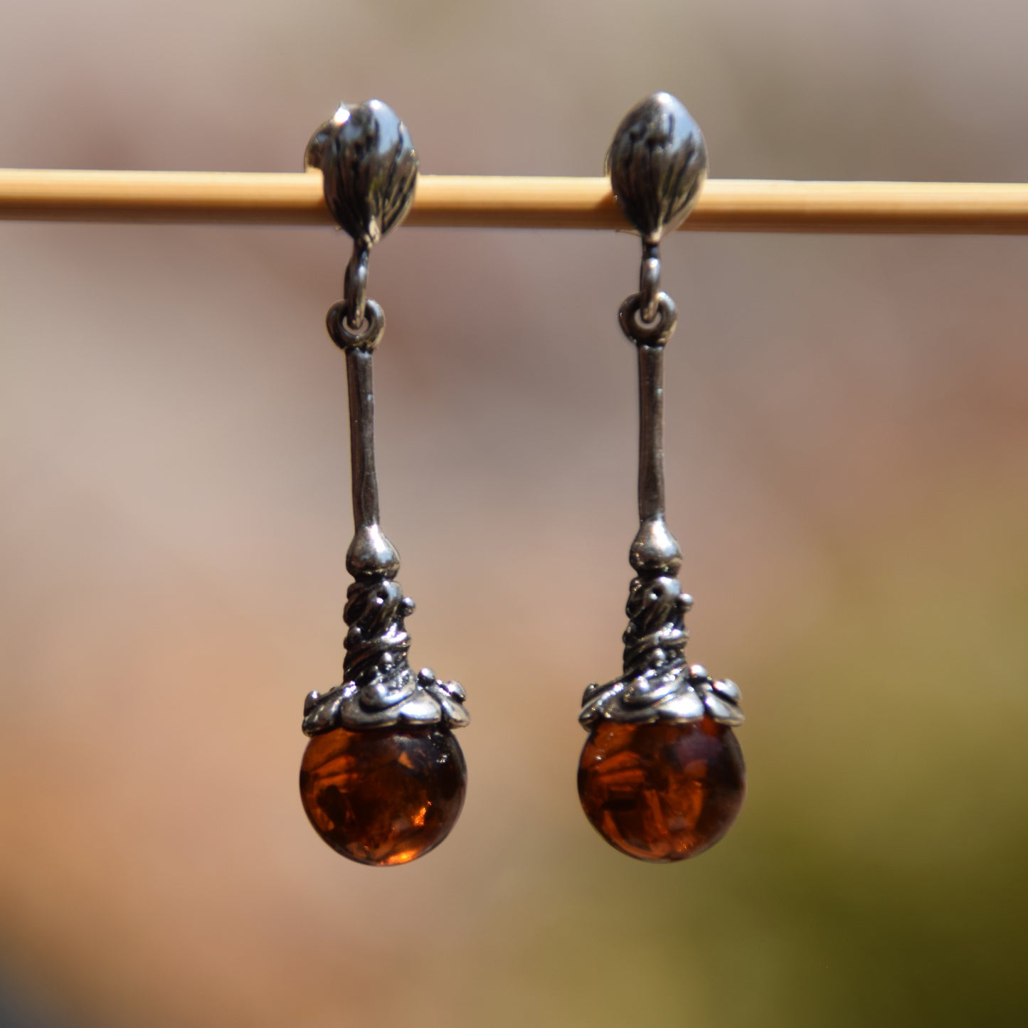 Vintage dangle earrings with natural cognac Amber sphere and 925 Sterling Silver, MJ Baltica, BK009