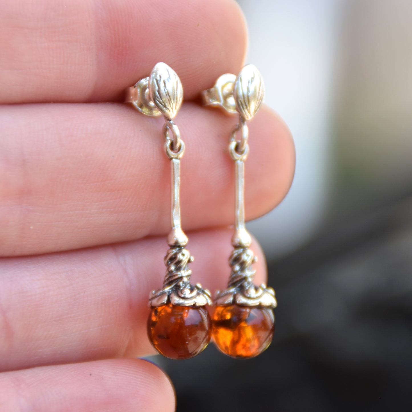 Vintage dangle earrings with natural cognac Amber sphere and 925 Sterling Silver, MJ Baltica, BK009