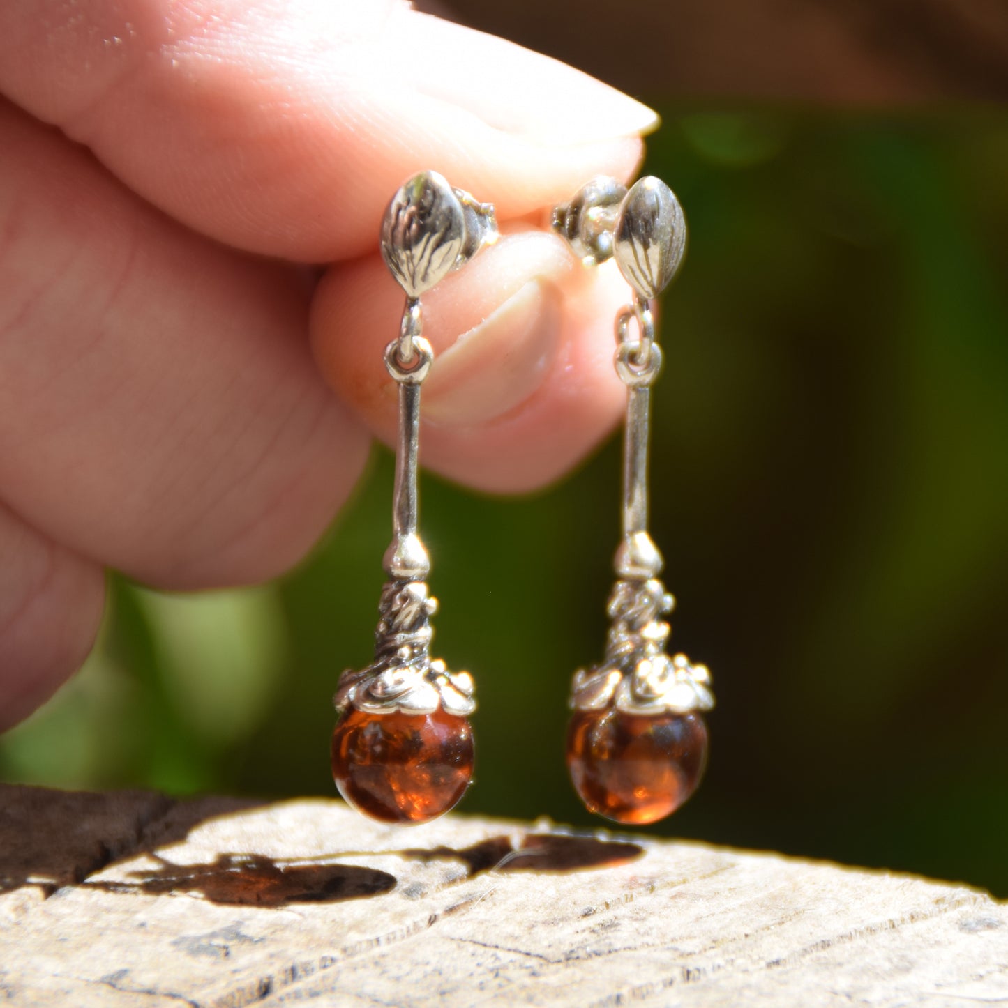 Vintage dangle earrings with natural cognac Amber sphere and 925 Sterling Silver, MJ Baltica, BK009