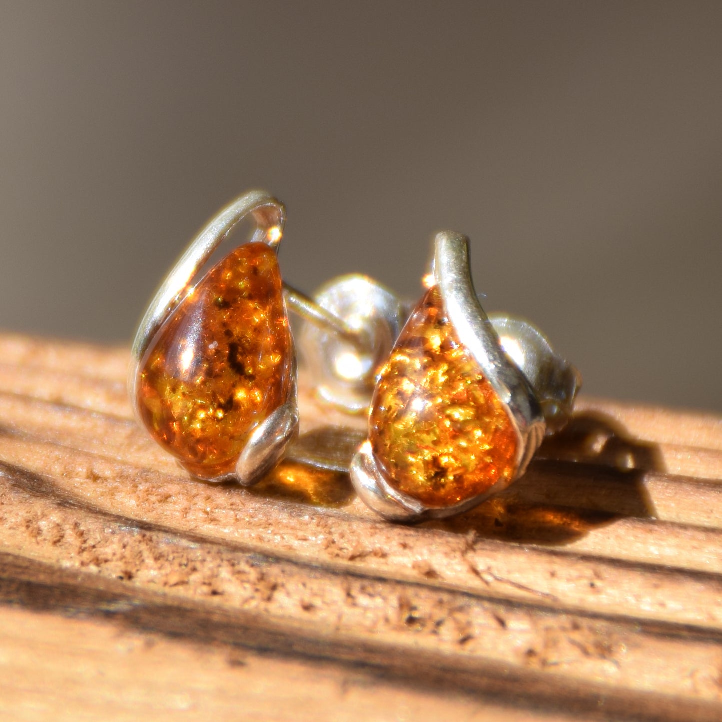 Cognac Natural Amber and 925 Silver Teardrop Stud Earrings, MJ Baltica, BK012