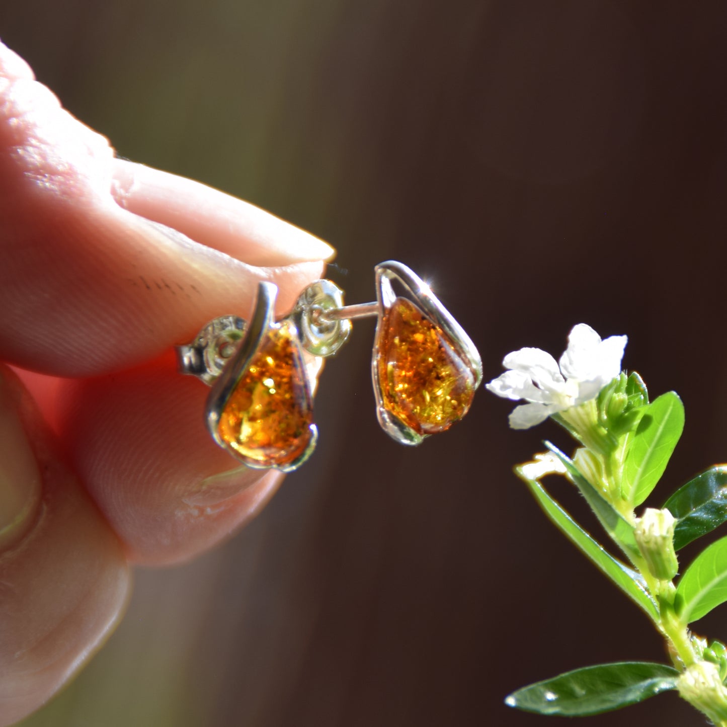 Cognac Natural Amber and 925 Silver Teardrop Stud Earrings, MJ Baltica, BK012
