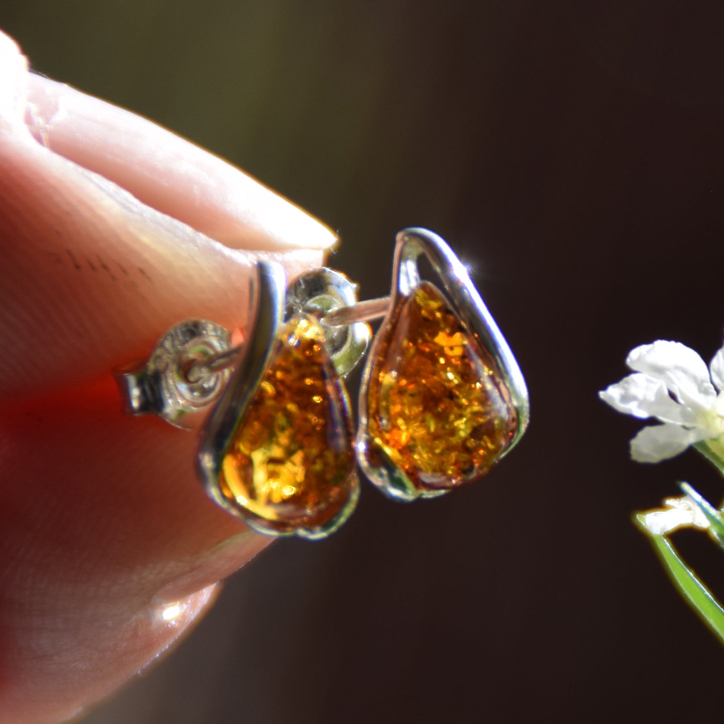 Cognac Natural Amber and 925 Silver Teardrop Stud Earrings, MJ Baltica, BK012