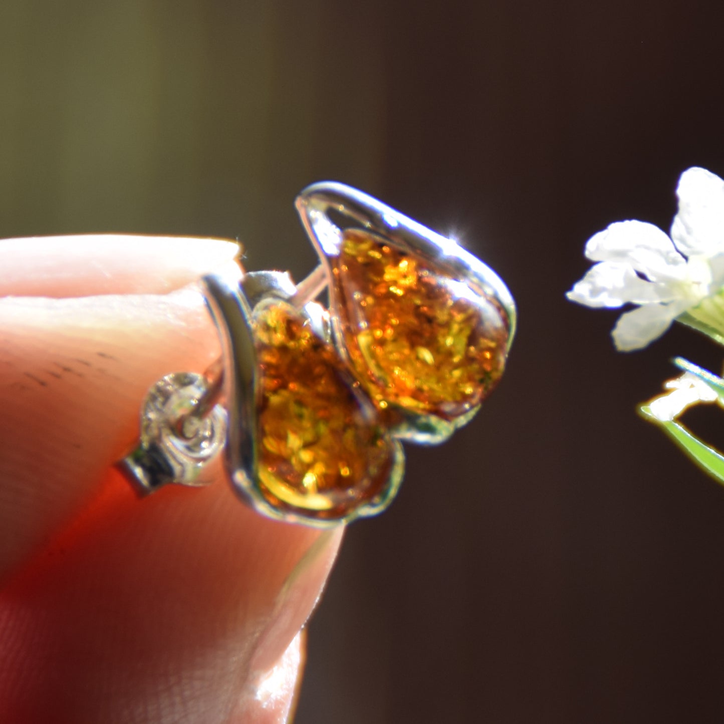 Cognac Natural Amber and 925 Silver Teardrop Stud Earrings, MJ Baltica, BK012