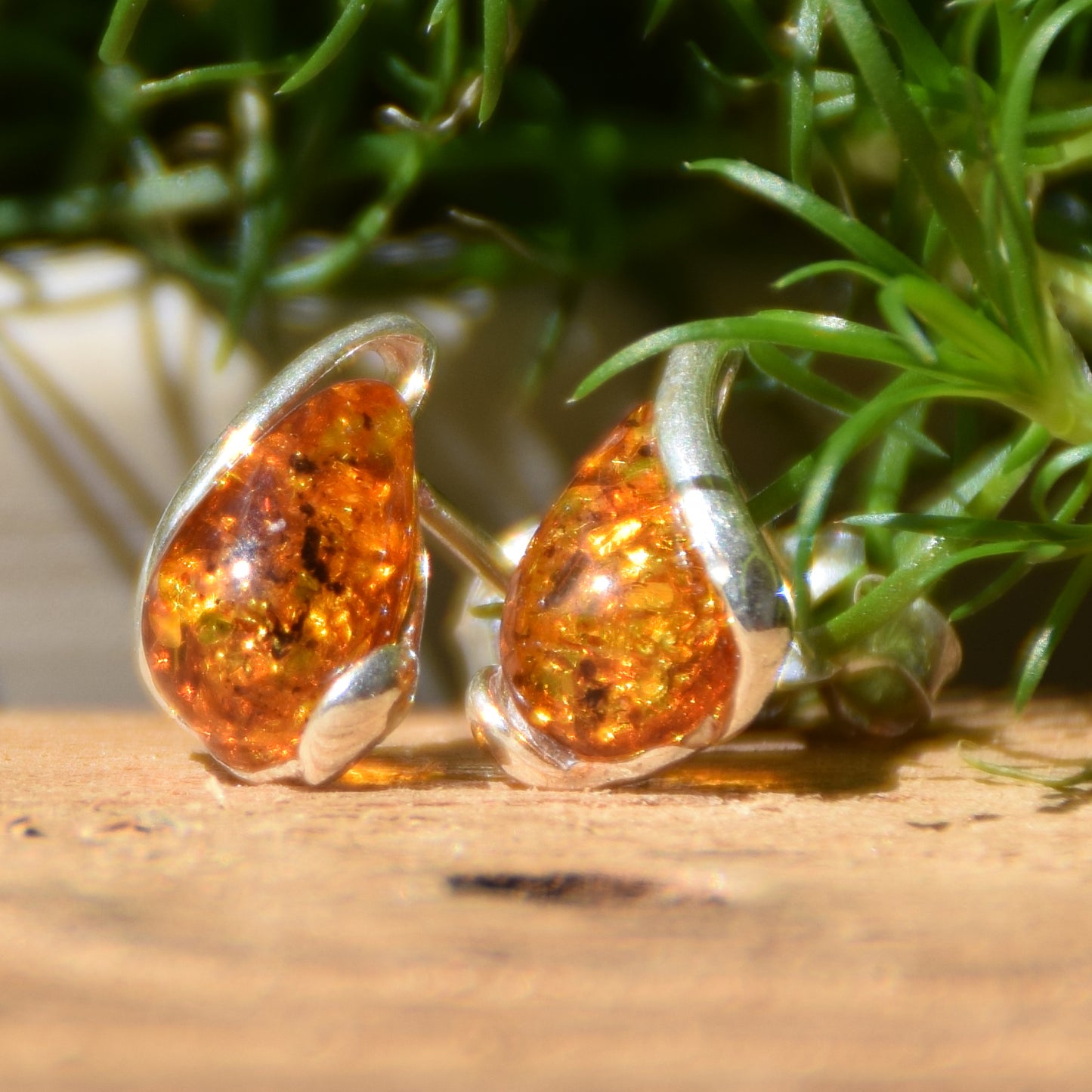 Cognac Natural Amber and 925 Silver Teardrop Stud Earrings, MJ Baltica, BK012