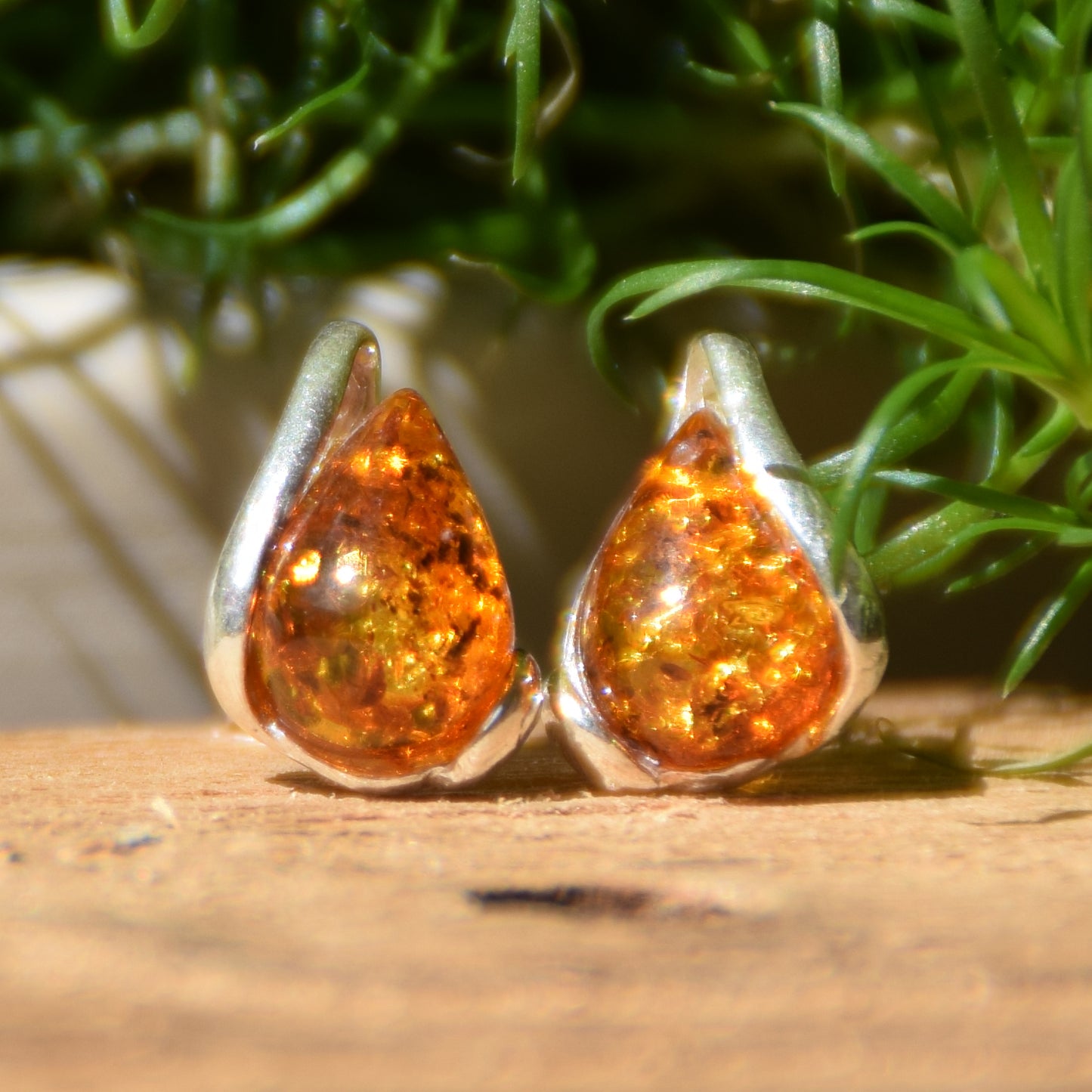 Cognac Natural Amber and 925 Silver Teardrop Stud Earrings, MJ Baltica, BK012