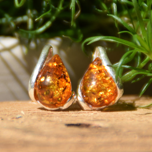 Cognac Natural Amber and 925 Silver Teardrop Stud Earrings, MJ Baltica, BK012