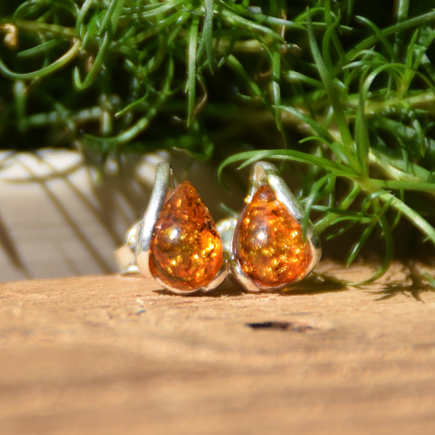 Cognac Natural Amber and 925 Silver Teardrop Stud Earrings, MJ Baltica, BK012