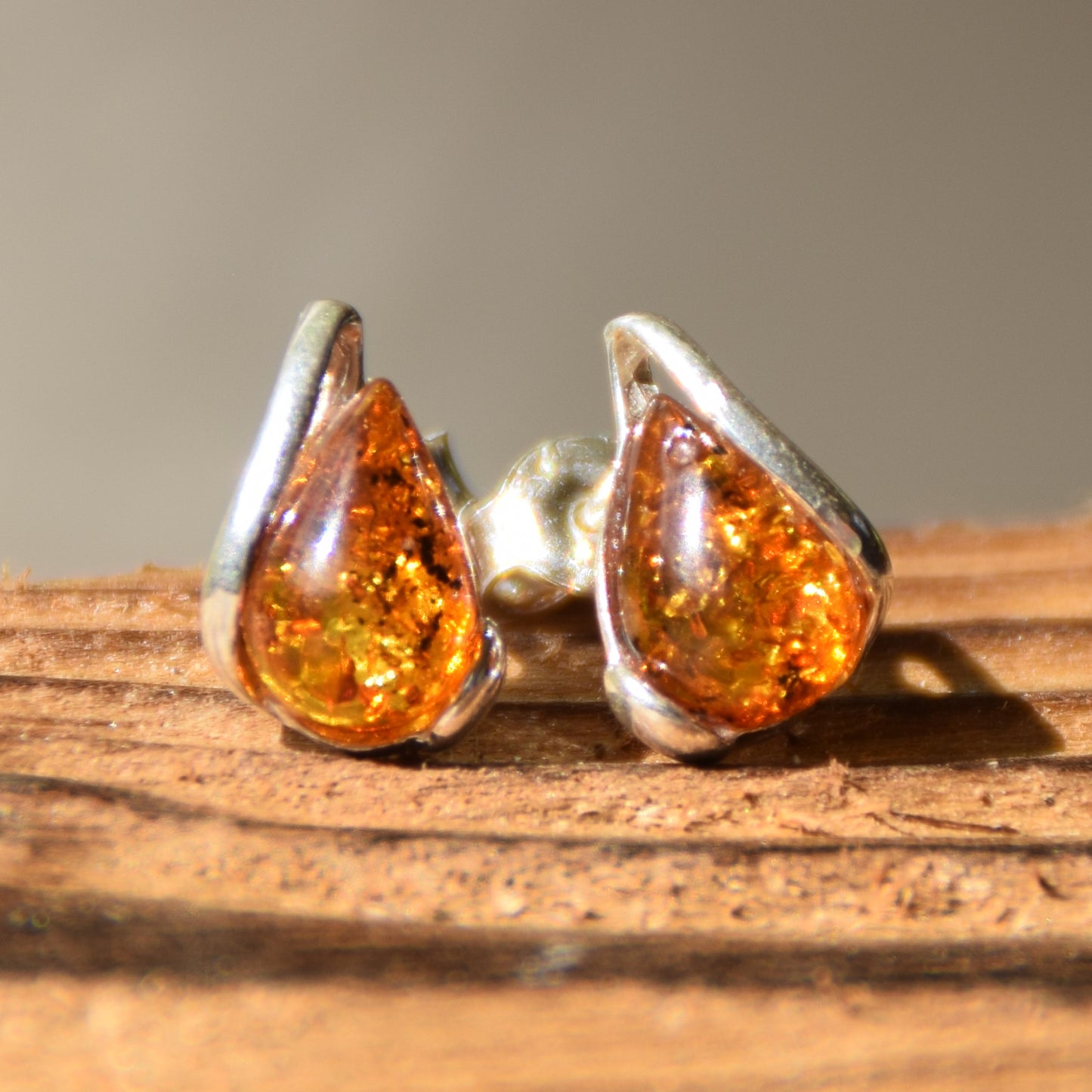 Cognac Natural Amber and 925 Silver Teardrop Stud Earrings, MJ Baltica, BK012